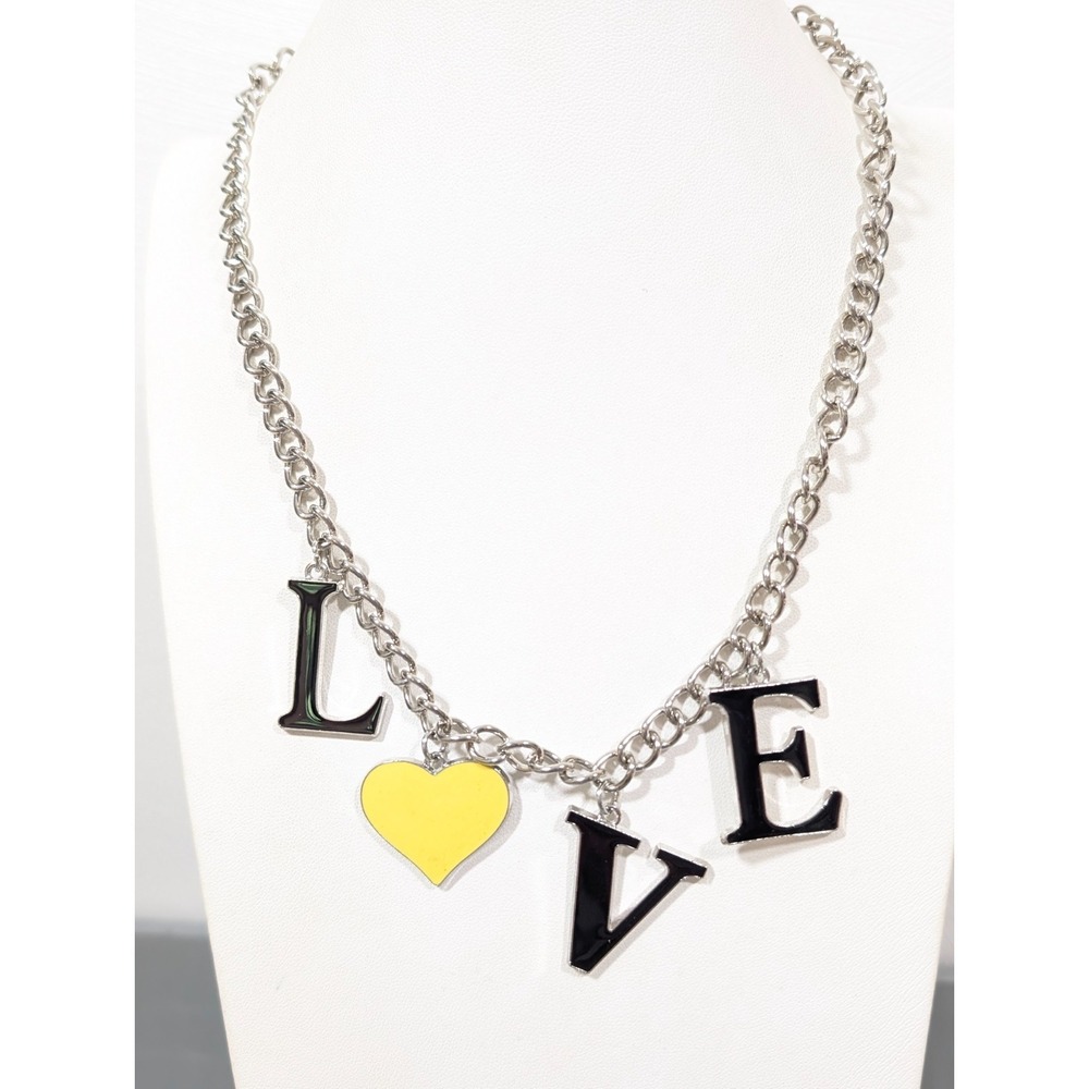 LOVE Heart Charm Necklace Silver Tone Black Yellow Chunky Y2K 20 in